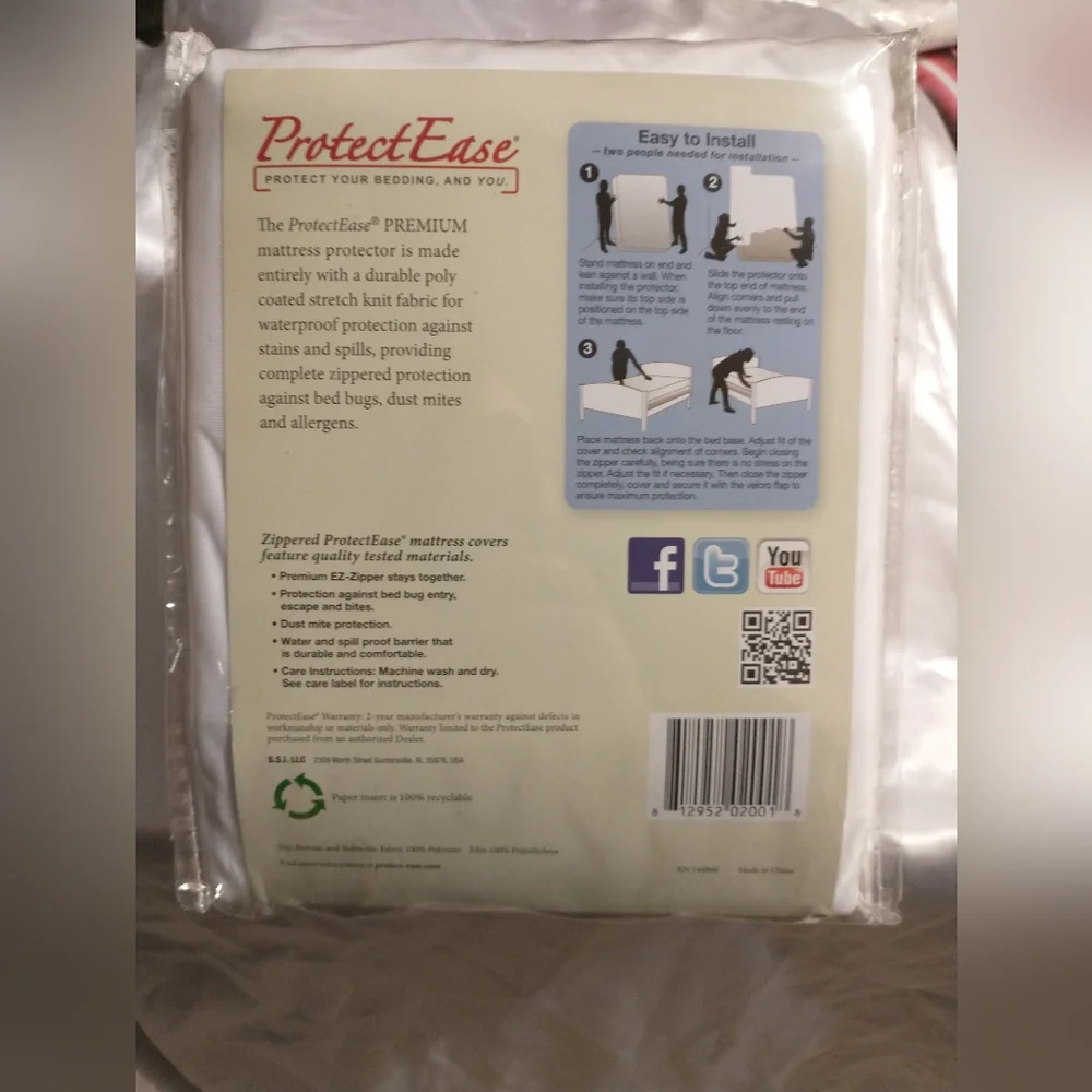 NEW ProtectEase Premium Waterproof Allergy & Bed Bug Full Mattress Protector